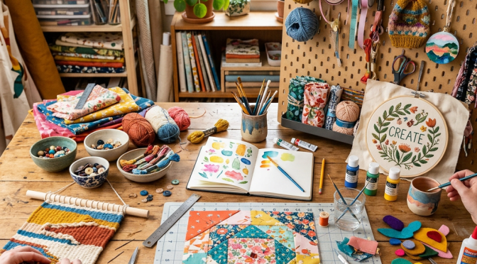 Craft workspace with quilting, painting, knitting, and embroidery supplies