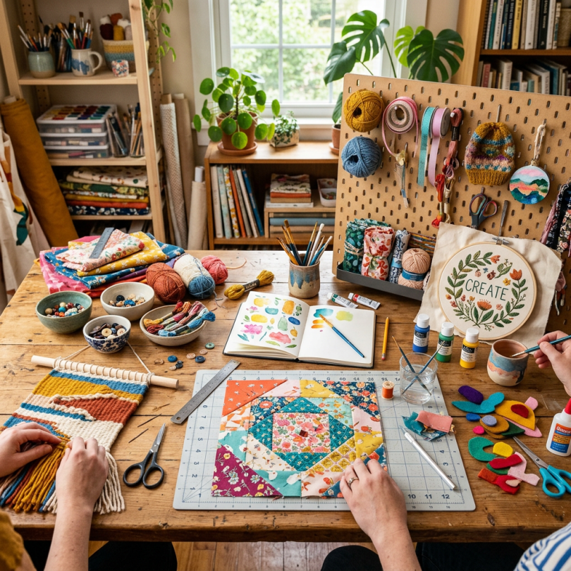 Craft workspace with quilting, painting, knitting, and embroidery supplies